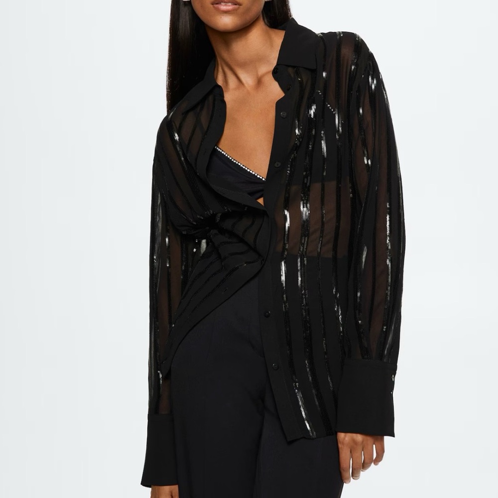 Mango- Black Sequins Button Down Top. Size: Xs - image 6